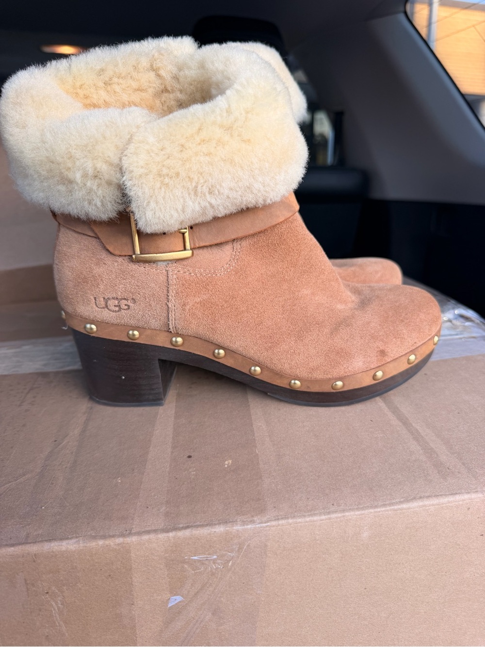 UGG Chestnut Suede Shearling Cuffed Studded Ankle Boots